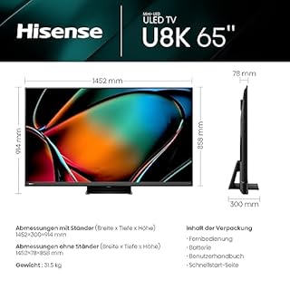 Hisense 65U8KQ Mini LED 4K ULED Smart TV - 164 cm (65 Zoll) Dolby Vision IQ & Atmos, 120Hz Panel, Game Mode Pro, UHD AI Upscaler, HDR10+, Bluetooth, Apple AirPlay, Alexa, anthrazit [2023]