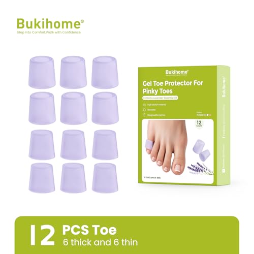 Image of Bukihome Silicone Toe Protectors - Silicone Open Pinky Toe Sleeves for Hammer Toes, Corns, Calluses, Blisters - Soft Gel Protector Toe Cushions for Pain Relief - 12 Count, Lavender (6 Thick +6 Thin)