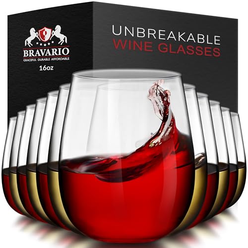 Image of Bravario Unbreakable Stemless Plastic Wine Glasses | Reusable | Shatterproof 100% Tritan Plastic | Dishwasher-Safe | BPA-free | Awesome for Indoor & Outdoor | 16 oz, Set of 12