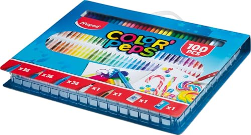 Maped Color'Peps Kit de Coloriage - 36 Crayons de Couleur, 36 Feutres Lavables, 24 Craies, 1 Feutre Brush Calligraphie, 1 Crayon HB, Gomme et Taille Crayon,...