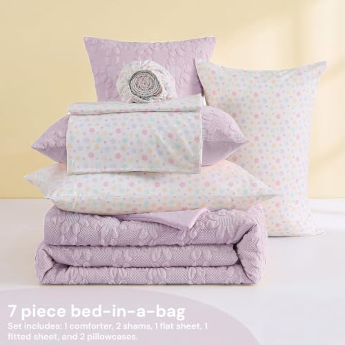 Image of Full Size Comforter Sets for Girls - 7 Pieces Purple Dasiy Bed in a Bag | Jacquard Floral Full Bedding Set, Soft Lightweight Cute Comforter with Printed Sheets, Pillowcases & Shams for All Seasons