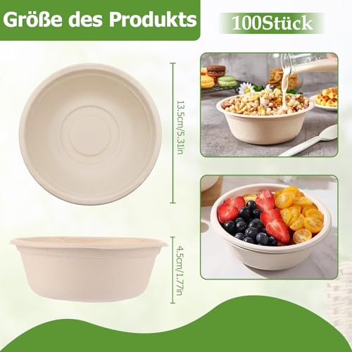 Coztie 100 Stück Einweg Suppenschalen, 350 ml Suppenteller Einweg, Biologisch Abbaubar und Kompostierbar Suppenschalen Einwegs für BBQs Party und Picknick Pappschüsseln 13,5 x 4,5 cm