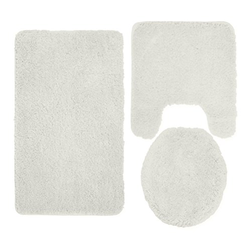 Queen Mary 3 Piece Bathroom Rug Set, Luxury Soft Plush Shaggy Thick Fluffy Microfiber Bath Mat, Countour Rug, Toilet Seat Lid Cover, Non-Slip Rubber Back, Floor Mats Water Absorbent - White #TOP3