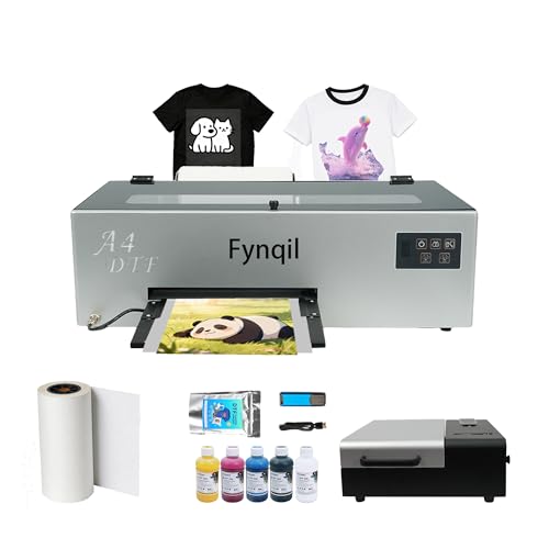 Fynqil A4 DTF Printer and Oven, A4 L805 Transfer Printing Machine for DIY Print T-Shirts Apparel with White Ink Systems & Auto Cleaning Includes Software Film Hot melt Powder（Fastest-Delivery