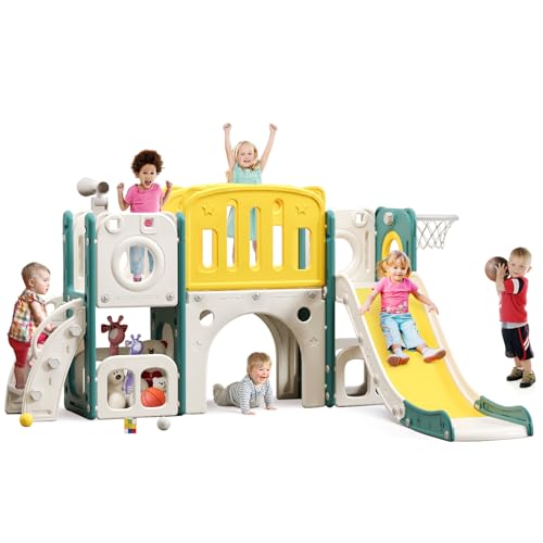 MOCUTEEN 8-in-1 Toddler Climber and Slide Playset with Basketball Hoop - Indoor/Outdoor Playground...