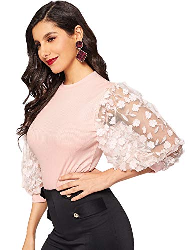 Romwe Women's Summer Short Sleeve Mock Neck Casual Blouse Tops Pink Medium #TOP2