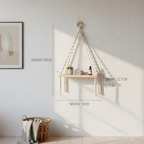 Image of 1-Tier Macrame Wall Hanging Shelf (Includes Mounting Hook) Boho Wooden Floating Shelves for Wall Decor - Handmade Cotton Rope Plant Hanger & Organizer for Living Room, Bedroom, Balcony
