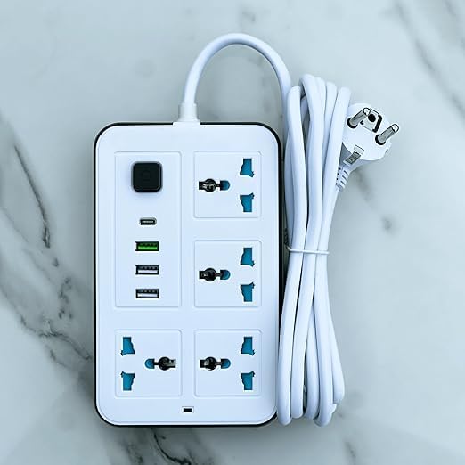 DAYANIDHI Electrical Power Strip with 4 AC Sockets 3 USB & 1 Type-C Port | 2500W Rated 10A Extension Cord with Fast PD Protection for Home Office Hotels and DPC (White)-image-16