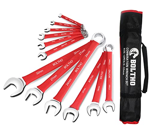 BOLTHO Lot de 12 clés mixtes métriques et standard, 6-32 mm, extrémité ouverte et clé à fourche, en acier au chrome vanadium avec rouleau à outils Cover