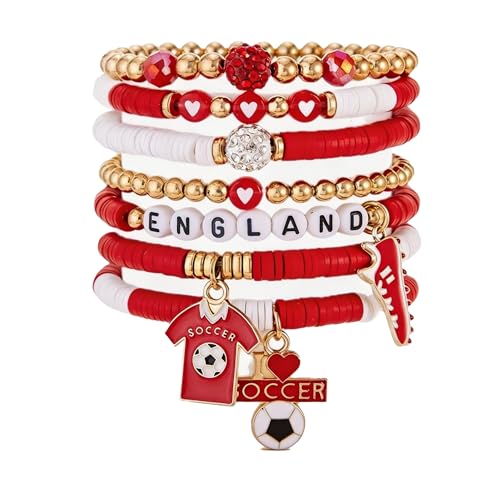Thayrakn World Cup 2026 England Bracelet Set for Women, 7PCS Red White Game Day Bracelets, Stretch Beaded Stackable Sports Jewelry with Soccer Charms, Soccer Mom Accessories & Gifts