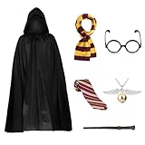 【Angenehmes Material】 Faschingskostüme Männer magische Robe besteht aus hochwertigem Stoff und doppellagigem Satin. Fühlt sich angenehm an, perfekt für Ihre Kinder. Der Zauberstab und das Brillengestell bestehen aus hochwertigem Kunststoff mit stabiler Konstruktion und ohne scharfe Ecken, wodurch sie für Kinder geeignet sind.