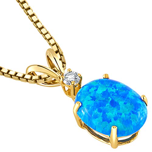 PEORA 14K Yellow Gold Created Blue Opal with Genuine Diamond Pendant, Elegant Solitaire, Oval Shape, 10x8mm, 1 Carat total, October Birthstone Necklace, Fire Opal Necklace, w/Jewelry Box3