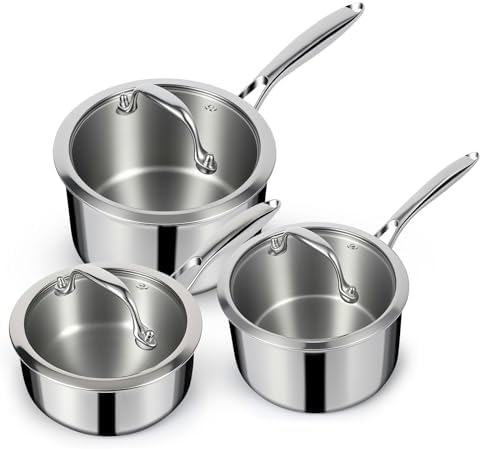 EWFEN 3 Ply Stainless Steel Sauce Pan Set with Lids, 1 & 2 & 3 Qu...