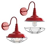 Outdoor Gooseneck Barn Light 2 Pack, Farmhouse Rustic Exterior Wall Sconce, Outside Vintage Metal Cage Light Fixture for Front Door, Industrial Red Wall Mount Lantern Waterproof for Proch Patio Garage