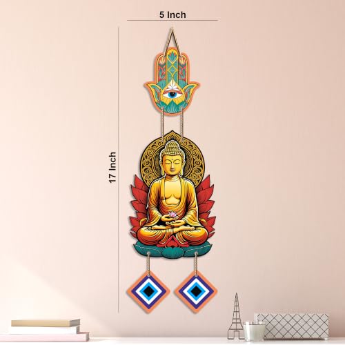 Image of Artvibes Golden Buddha Wall Hanging with Hamsa Hand and Evil Eye Charms | Spiritual Protection Decor for Home | Meditation | Yoga Spaces & Entryway | Positive Energy Wall Art Gift (WH 8594N)