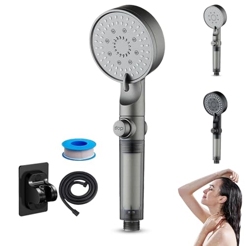Hydroboost High Pressure 5-Mode Filtered Shower Head, Filtered Shower Head with Handheld, Built-In Power Wash, One-Click Water Stop, 1/2'' Connection, Tool-Free Installation (Gray,B SET)