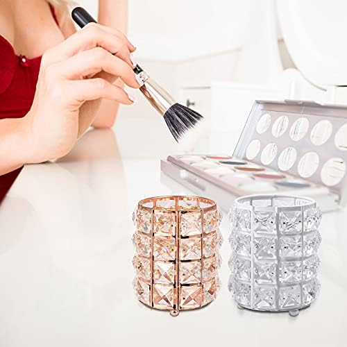 COLFULINE Makeup Brush Organiser, 2 Pcs Crystal Makeup Brush Holder, Makeup Eyebrow Brush Holder, Cosmetic Organiser Pencil Cup Desktop Decoration for Home Office Birthday Gift(Rose Gold + White)