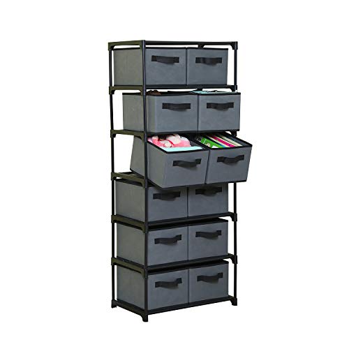 Function Home 12-Drawer Chest, 6 Tier Storage Organizer Tower, Metal Shelf with 12 Removable Fabric Bins, Ideal for Home Office Dorm Bedroom, Grey