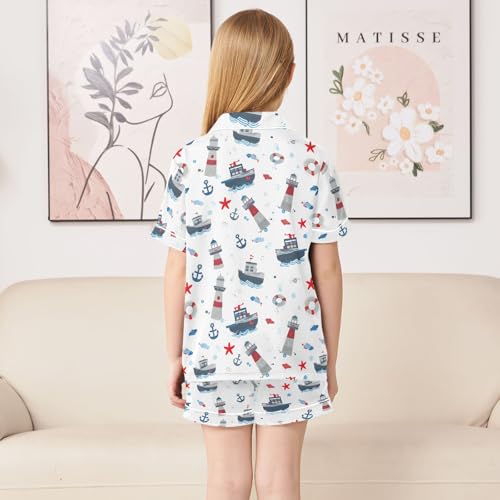 Starfish Sailboat Cute Pattern Summer Satin Pajama Set, Cute Button-Down Sleepwear Pj Set for Sleep Wears4