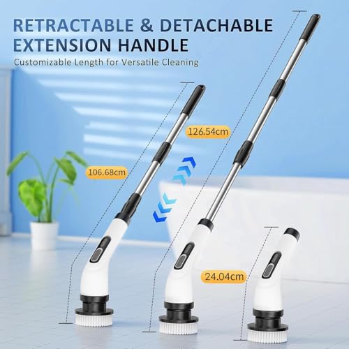 FYDEE Elektrische Reinigungsbürste, Putzbürste Elektrisch mit 3000mAh Akku, 7 Bürstenköpfen und Verstellbarem Griff, IPX7 Wasserdicht, 2 Geschwindigkeiten, Reinigungsbürste für Badezimmer, Fliesen