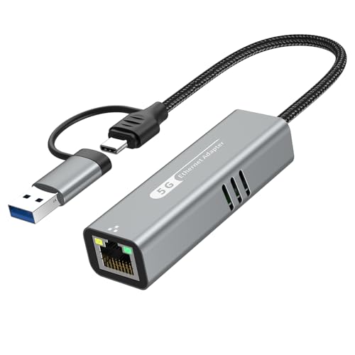 5G USB 3.2 Ethernet Adapter with RTL8157, 2-in-1 USB-A/Type-C to 5Gbps Network Card RJ45 LAN Converter for PC Laptop Windows Mac OS Linux(5Gbps Need Type-C > 3.2)