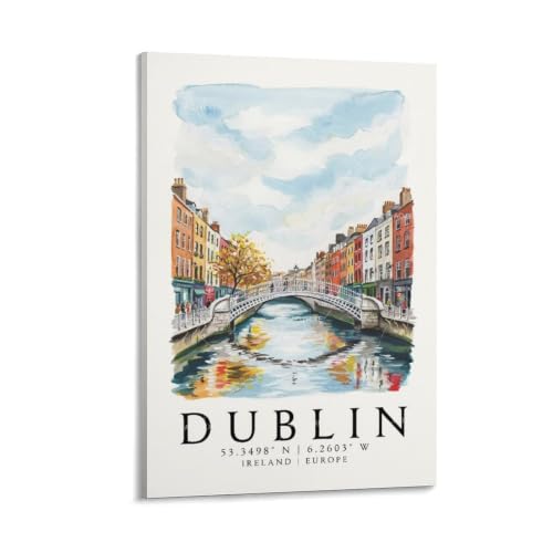 Poster de voyage Dublin 30x45cm impression aquarelle paysage urbain vintage pour déco murale