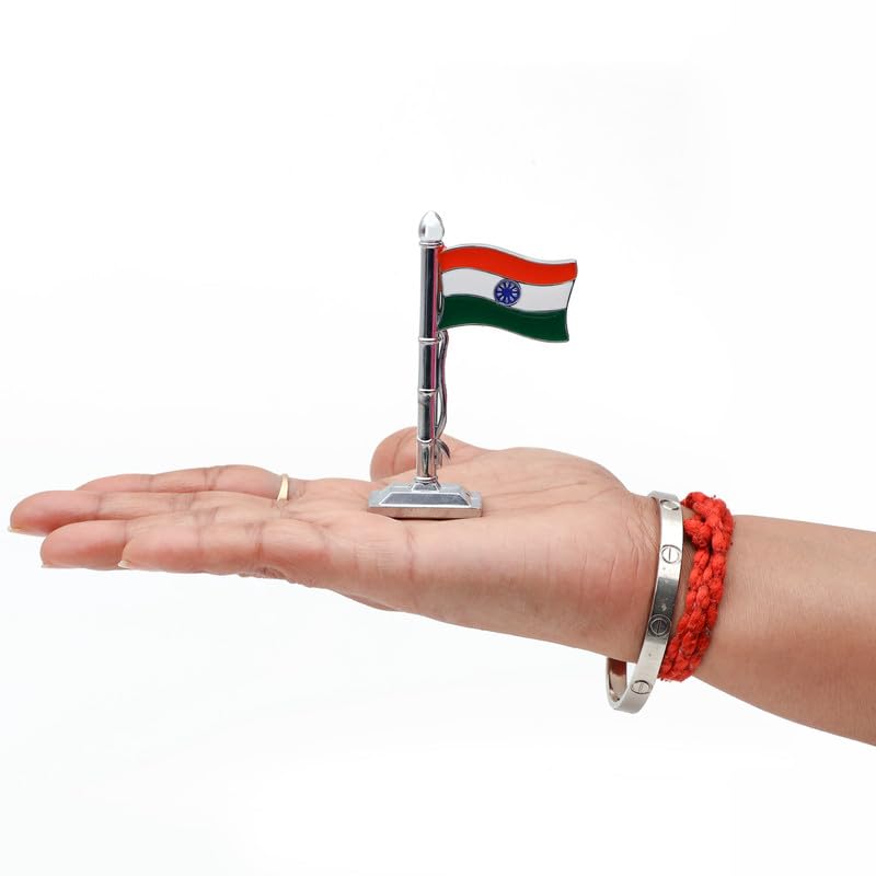 TORPPEZA Metal Hindustan | Indian Flag | Tiranga Stick Stand for Car Dashboard, Decoration, Stusy Table, Office Table, Home Decoration etc. (Height : 8cm | Length : 4cm) 2