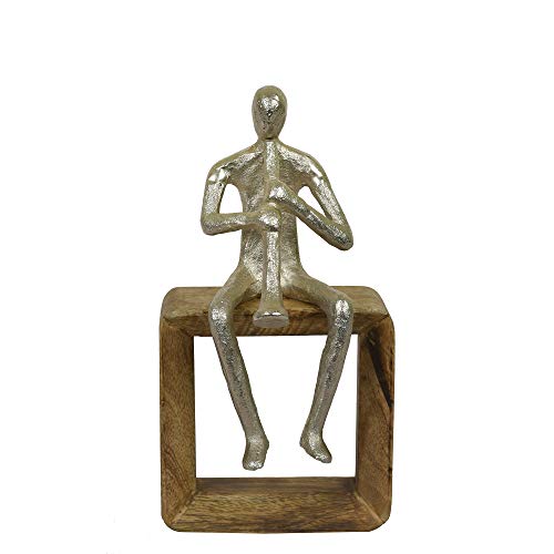 Image of MANOR HOUSE Flute Player Figurine Showpiece, Silver Metal Musician Sculpture on Wooden Square Base (Playing Flute Sculpture)