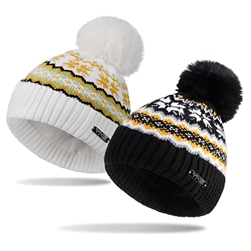 ECOMBOS Bommelmütze Damen- Fleece Futter Strickmütze Mütze Damen Winter Gefütterte Wintermütze Flecht Muster mit Fellbommel One-Size Cover