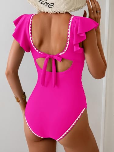 Image of Aidonger Women's One Piece Ruffle Swimsuit Tummy Control Bathing Suit V Neck Shell Stitched Swim Suit Slimming Swimwear
