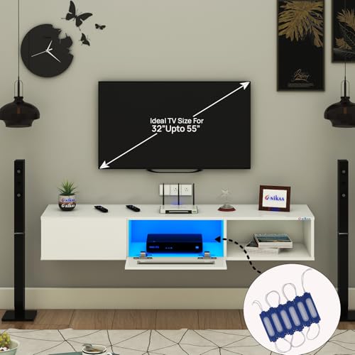 Image of Anikaa Strix Wall Mount Modern Floating TV Unit for Living Room with 3 Storage Cabinet & Blue LED Light (Ideal for 32 to 55 inch TV, DIY Installation, White Finish)