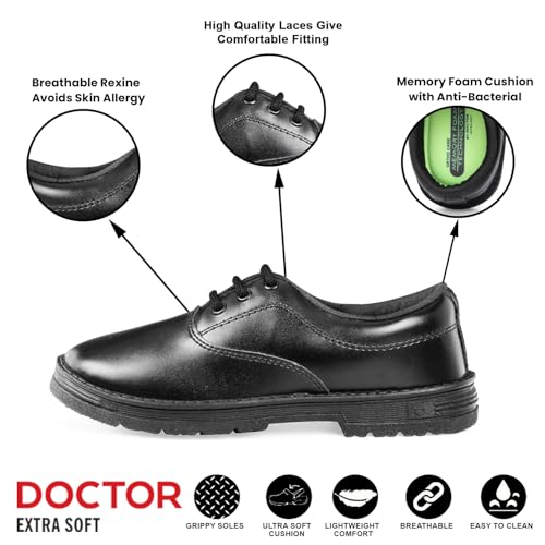 Image of DOCTOR EXTRA SOFT Unisex-Child Kids Boys Black & White Uniform School Shoes with Laces| Memory Foam Cushion & Anti-Bacterial Technology| Lightweight| Comfortable| Durable & Anti-Skid Lacing D-3002