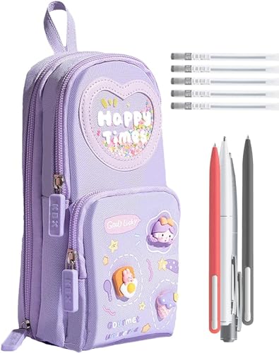 Image of Kawaii Pencil Pouch 3 Compartment Cute Pencil Cases Aesthetic Pencil Case for Girls Large Capacity Pen Pencil Case Multifunctional Stationery Organizer for Girls (Happy Time Purple)