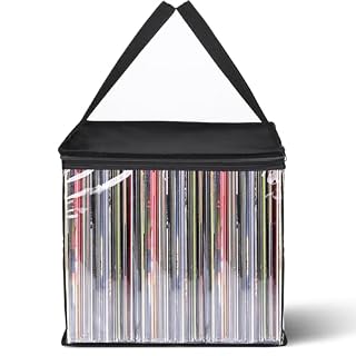 Facmogu Vinyl Record Storage Bag, 12″ PVC Clear LP Vinyl Record Storage Bag Holds up to 50 Albums, Album Carrying Case Bag with Handle, Protective CD LP Records Holder for Travel, Organizer - Les Beatles, Paul McCartney, John Lennon, RIngo Starr, George Harrison