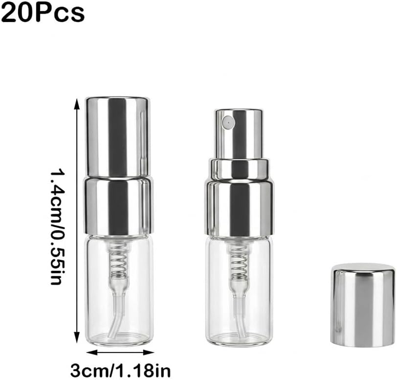 20 PCS 2ml Mini Spray Bottles, Empty Refillable Perfume Bottles with Silver Lids, Glass Fine Mist Perfume Atomizer, Mini Travel Container for Essential Oils