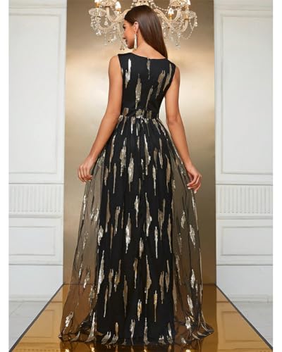 Women's 2024 Formal Dresses Sequin Mesh A-Line V-Neck Maxi Dress Evening Gown4