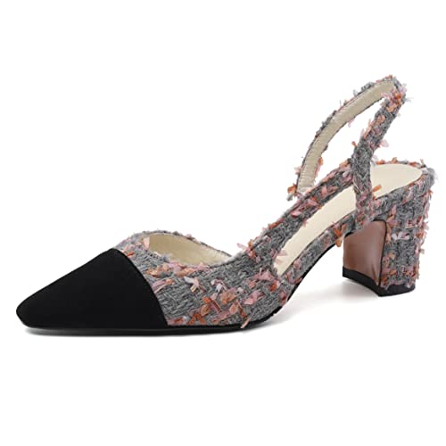 Image of MICIFA Slingback Heels for Women,Round Toe Chunky Heeled Pumps Ankle Strap Fashion Splicing Dress Shoes