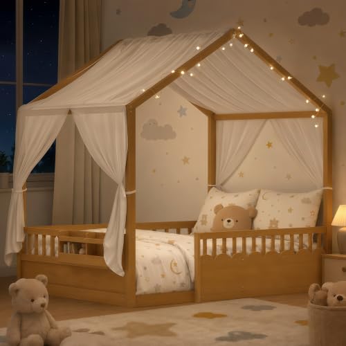 Image of Bellemave Full House BedFrame with Canopy, Montessori House Bed with LED and Bookshelf and Rails for Kids, Natural
