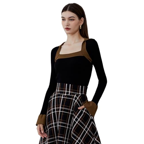 Image of CHICWISH Women's Long Sleeve Fall Fashion Black /Cream Square Neck Knit Top Split Bell Cuffs Pullover Casual Sweater