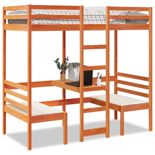 LoogCape Cama alta con escritorio, sillas, somier, madera de pino, 90 x 200 cm, color marrón cera, ahorra espacio, para niños y jóvenes