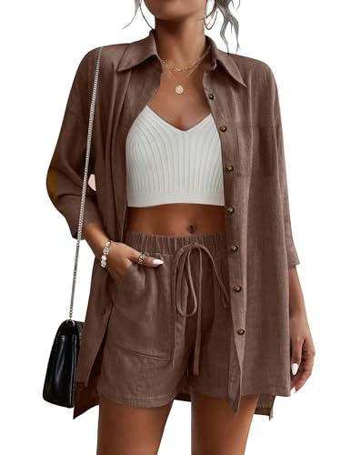 Beyove Women's Cotton Linen Set Casual Tracksuit Button Down 3/4 Sleeve Shirt Drawstring Shorts Pockets 2 Piece Lounge Set, Brown, Small