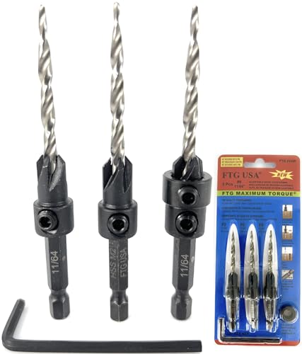 Image of FTG USA #8(11 /64 inch) Wood Countersink Drill Bit 3-Pc Set with 3 /8 inch Depth Stop