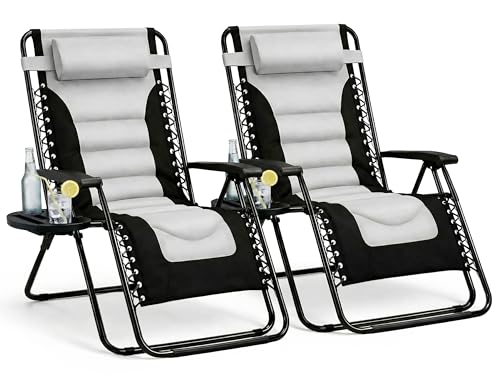 Straame XXL Padded Zero Gravity Chairs Set of 2, Folding Reclining Garden Chairs, Camping Chair Sun Loungers, Lockable 160° Patio Recliners with Adjustable Headrest (Padded, Grey)