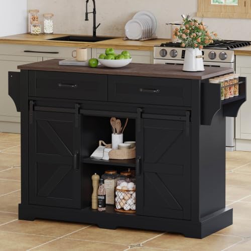 Mobilna wyspa kuchenna ze składanym blatem roboczym i drzwiami przesuwnymi w stylu stodoły, wózek kuchenny z 2 szufladami, stabilny z płyty MDF, czarny, 120 x 45-70 x 91 cm