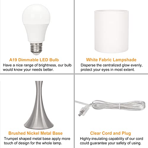 Touch Control Table Lamp, 3-Way Dimmable Bedside Lamp for Living Room, Modern Nightstand Lamp for Bedroom, Silver Table Lamp with White Shade, Desk Lamp for Dorm, Home, Office, 3000K LED Bulb Included