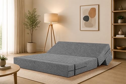 Image of Four Seater Sofa Cum Bed Jute Fabric 6 X 6 Ft| Space Saving Foldable Sofa Bed for Living Room & Guest Room | Comfortable Multi-Functional Furniture - Grey