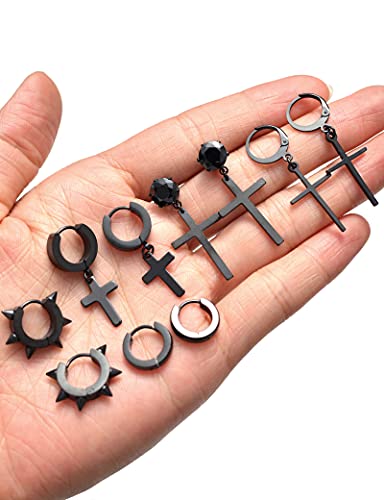 Ofeiyaa 15 Pairs Cross Earrings Stainless Steel Spike Punk Hoop Huggie Cz Earrings Stud Hinged Dangle Cross Earrings Set Piercing For Men Sliver Black Gold Tone #TOP4