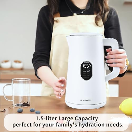 Image of 1.5L Electric Kettle Stainless Steel, Double Wall Cool Touch Teapot, Fast Boil,5 Temperature Control, LED Display, Auto Shut-Off,Keep Warm Function (Porcelain White)