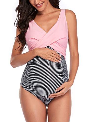 SUMMERSUNSHINE Traje de baño de Maternidad de una Pieza con Parte Delantera Cruzada para Embarazo, Traje de baño de Maternidad Rosado/Rayas M