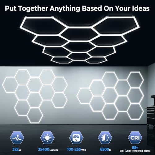 Gardencoin 322W Hexagon LED Garage Lights 2026 Updated, 1.3-inch Widened Light Surface, 35400LM 6500K 11 Grids, Thickened-PC Shell, Hex LED Lighting for Garage, Car Detailing, Gym, Workshop, Basement by Gardencoin - Used condition - Image 3
